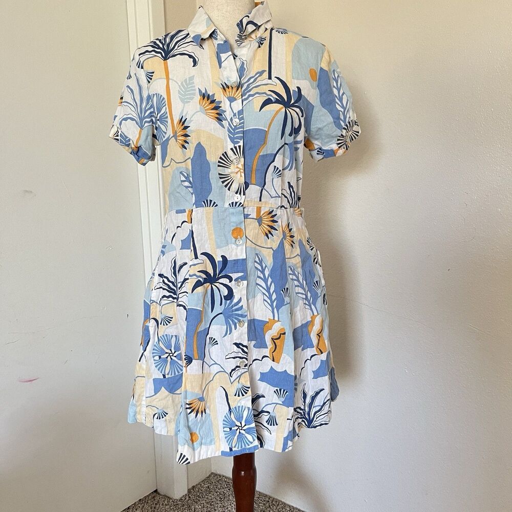 Nicole Miller Tropical 100% Linen Dress S Coastal Palm Floral Hawaiian Button Up